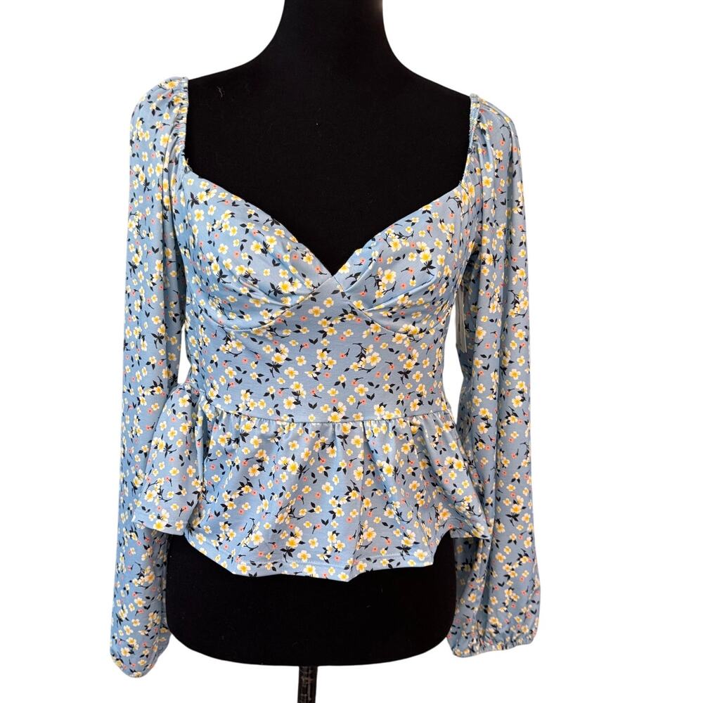 NEW BLOOMFIELD Blue Floral Smocked Cropped Blouse Top Size L